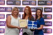 29 May 2015; Aisling Curley, Kildare, centre, is presented with her TESCO Team of the League award for Division 2 by Marie Hickey, LGFA President, left, and Lynn Moynihan, Tesco Marketing Manager. TESCO Team of the League, Croke Park, Dublin. Picture credit: Piaras Ó Mídheach / SPORTSFILE