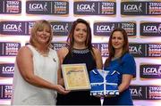 29 May 2015; Katie Walsh, Sligo, centre, is presented with her TESCO Team of the League award for Division 3 by Marie Hickey, LGFA President, left, and Lynn Moynihan, Tesco Marketing Manager. TESCO Team of the League, Croke Park, Dublin. Picture credit: Piaras Ó Mídheach / SPORTSFILE