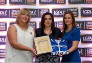 29 May 2015; Chantelle Martin, Wexford, centre, is presented with her TESCO Team of the League award for Division 3 by Marie Hickey, LGFA President, left, and Lynn Moynihan, Tesco Marketing Manager. TESCO Team of the League, Croke Park, Dublin. Picture credit: Piaras Ó Mídheach / SPORTSFILE