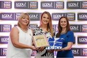 29 May 2015; Barbara Hannon, Galway, centre, is presented with her TESCO Team of the League award for Division 1 by Marie Hickey, LGFA President, left, and Lynn Moynihan, Tesco Marketing Manager. TESCO Team of the League, Croke Park, Dublin. Picture credit: Piaras Ó Mídheach / SPORTSFILE