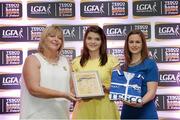 29 May 2015; Marie Ambrose, Cork, centre, is presented with her TESCO Team of the League award for Division 1 by Marie Hickey, LGFA President, left, and Lynn Moynihan, Tesco Marketing Manager. TESCO Team of the League, Croke Park, Dublin. Picture credit: Piaras Ó Mídheach / SPORTSFILE