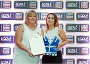 29 May 2015; Lorna Fusciardi, Wicklow, right, is presented with her TESCO Team of the League award for Division 4 by Marie Hickey, LGFA President. TESCO Team of the League, Croke Park, Dublin. Picture credit: Piaras Ó Mídheach / SPORTSFILE
