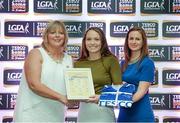 29 May 2015; Megan Dunford, Waterford, centre, is presented with her TESCO Team of the League award for Division 3 by Marie Hickey, LGFA President, left, and Lynn Moynihan, Tesco Marketing Manager. TESCO Team of the League, Croke Park, Dublin. Picture credit: Piaras Ó Mídheach / SPORTSFILE