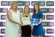 29 May 2015; Sharon Kehoe, Wexford, centre, is presented with her TESCO Team of the League award for Division 3 by Marie Hickey, LGFA President, left, and Lynn Moynihan, Tesco Marketing Manager. TESCO Team of the League, Croke Park, Dublin. Picture credit: Piaras Ó Mídheach / SPORTSFILE