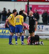 18 July 2008; Referee Richie Winters sends Jason McGuinness, Bohemians, left, off, as Killian Brennan, pleads his innocence. eircom League Premier Division, Derry City v Bohemians, Brandywell, Derry, Co. Derry. Picture credit: Oliver McVeigh / SPORTSFILE