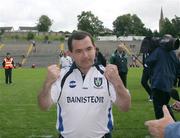 19 July 2008; Monaghan manager, Seamus McEnaney, celebrates victory as he comes off the field. GAA Football All-Ireland Senior Championship Qualifier - Round 1, Monaghan v Derry. Clones, Co. Monaghan. Picture credit: Oliver McVeigh / SPORTSFILE