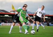 17 July 2008; Denis Behan, Cork City, in action against Kalle Parviainen, left, and Jusso Kangaskorpi, FC Haka. UEFA Cup First Qualifying Round, 1st Leg, Cork City v FC Haka, Turners Cross, Cork. Picture credit: Stephen McCarthy / SPORTSFILE