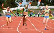 20 July 2008; Amy Foster, North Down A.C., 220, crosses the finish line ahead of Claire Brady, Celbrige A.C., left, and Kelly Proper, Ferrybank A.C., to win the women's 100m final event at the AAI National Track & Field Championships, Morton Stadium, Santry. Picture credit: Pat Murphy / SPORTSFILE