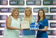 29 May 2015; Caoimhe Mohan, Monaghan, centre, is presented with her TESCO Team of the League award for Division 1 by Marie Hickey, LGFA President, left, and Lynn Moynihan, Tesco Marketing Manager. TESCO Team of the League, Croke Park, Dublin. Picture credit: Piaras Ó Mídheach / SPORTSFILE
