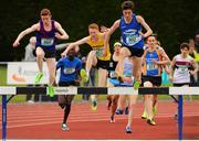 30 May 2015; Philip Marron, Ratoath CC, Co. Meath, left, and James Roche, St Flannan's Ennis, Co. Clare, lead the field during the Boys 1500 metre Steeplechase intermediate competition. GloHealth Irish Schools' Track and Field Championships. Tullamore, Co. Offaly. Picture credit: Seb Daly / SPORTSFILE