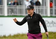 30 May 2015; Tyrell Hatton, England, reacts after his putt on the 18th Green. Dubai Duty Free Irish Open Golf Championship 2015, Day 3. Royal County Down Golf Club, Co. Down. Picture credit: Oliver McVeigh / SPORTSFILE
