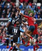 30 May 2015; Simon Zebo, left, and Paul O'Connell, Munster, compete for a high ball against Josh Strauss, left, and Stuart Hogg, Glasgow Warriors. Guinness PRO12 Final, Munster v Glasgow Warriors. Kingspan Stadium, Ravenhill Park, Belfast. Picture credit: Ramsey Cardy / SPORTSFILE
