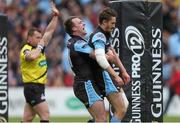 30 May 2015; Glasgow Warriors' Stuart Hogg congratulates Henry Pyrgos after scoring their side's third try of the game. Guinness PRO12 Final, Munster v Glasgow Warriors. Kingspan Stadium, Ravenhill Park, Belfast. Picture credit: John Dickson / SPORTSFILE