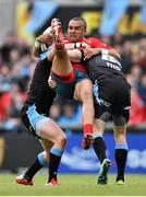 30 May 2015; Simon Zebo, Munster, is tackled by Finn Russell, left, and Tommy Seymour, Glasgow Warriors. Guinness PRO12 Final, Munster v Glasgow Warriors. Kingspan Stadium, Ravenhill Park, Belfast. Picture credit: Ramsey Cardy / SPORTSFILE