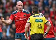 30 May 2015; Paul O'Connell, Munster, speaks with referee Nigel Owens. Guinness PRO12 Final, Munster v Glasgow Warriors. Kingspan Stadium, Ravenhill Park, Belfast. Picture credit: Ramsey Cardy / SPORTSFILE
