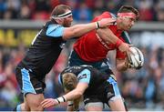 30 May 2015; CJ Stander, Munster, is tackled by Rossouw De Klerk, left, and Finn Russell, Glasgow Warriors. Guinness PRO12 Final, Munster v Glasgow Warriors. Kingspan Stadium, Ravenhill Park, Belfast. Picture credit: Ramsey Cardy / SPORTSFILE