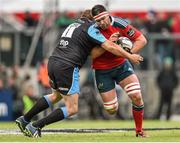 30 May 2015; Billy Holland, Munster, is tackled by Gordon Reid, Glasgow Warriors. Guinness PRO12 Final, Munster v Glasgow Warriors. Kingspan Stadium, Ravenhill Park, Belfast. Picture credit: Ramsey Cardy / SPORTSFILE
