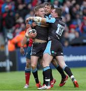 30 May 2015; Finn Russell, Glasgow Warriors, is congratulated by teammates Peter Horne and Stuart Hogg after scoring their side's fourth try of the game. Guinness PRO12 Final, Munster v Glasgow Warriors. Kingspan Stadium, Ravenhill Park, Belfast. Picture credit: John Dickson / SPORTSFILE