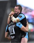 30 May 2015; Stuart Hogg, right, and Tommy Seymour, Glasgow Warriors, celebrate after their side's victory. Guinness PRO12 Final, Munster v Glasgow Warriors. Kingspan Stadium, Ravenhill Park, Belfast. Picture credit: Ramsey Cardy / SPORTSFILE