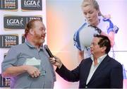 29 May 2015; Armagh's James Daly, TESCO / Irish Daily Star Ladies Football Manager of the Month for May, is interviewed by MC Marty Morrissey. TESCO Team of the League, Croke Park, Dublin. Picture credit: Piaras Ó Mídheach / SPORTSFILE