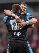 30 May 2015; Peter Horne, right, and Chris Fusaro, Glasgow Warriors, celebrate following their side's victory. Guinness PRO12 Final, Munster v Glasgow Warriors. Kingspan Stadium, Ravenhill Park, Belfast. Picture credit: Ramsey Cardy / SPORTSFILE