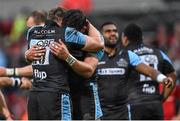 30 May 2015; Ryan Wilson, right, and Chris Fusaro, Glasgow Warriors celebrate following their side's victory. Guinness PRO12 Final, Munster v Glasgow Warriors. Kingspan Stadium, Ravenhill Park, Belfast. Picture credit: Ramsey Cardy / SPORTSFILE