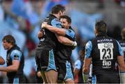 30 May 2015; Richie Vernon, left, and Henry Pyrgos, Glasgow Warriors, celebrate at the final whistle. Guinness PRO12 Final, Munster v Glasgow Warriors. Kingspan Stadium, Ravenhill Park, Belfast. Photo by Sportsfile