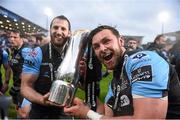 30 May 2015; Tommy Seymour, left, and Ryan Wilson, Glasgow Warriors, celebrate with the trophy after the game. Guinness PRO12 Final, Munster v Glasgow Warriors. Kingspan Stadium, Ravenhill Park, Belfast. Photo by Sportsfile