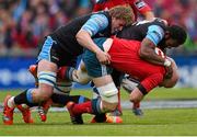 30 May 2015; Paul O'Connell, Munster, is tackled by Jonny Gray, left, and Leone Nakarawa, Glasgow Warriors. Guinness PRO12 Final, Munster v Glasgow Warriors. Kingspan Stadium, Ravenhill Park, Belfast. Photo by Sportsfile