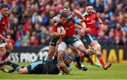 30 May 2015; Ian Keatley, Munster, is tackled by Dougie Hall, left, and Rossow De Klerk, Glasgow Warriors. Guinness PRO12 Final, Munster v Glasgow Warriors. Kingspan Stadium, Ravenhill Park, Belfast. Photo by Sportsfile