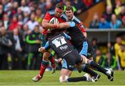 30 May 2015; CJ Stander, Munster, is tackled by Ryan Wilson, left, and Rossouw De Klerk, Glasgow Warriors. Guinness PRO12 Final, Munster v Glasgow Warriors. Kingspan Stadium, Ravenhill Park, Belfast. Photo by Sportsfile
