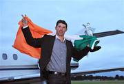 21 July 2008; Padraig Harrington, who won The Open Championship for a second time, with the Golf Champion Trophy (Claret Jug) on his arrival home at Weston airport, Leixlip, Co. Kildare. Picture credit: Pat Murphy / SPORTSFILE