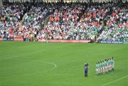 20 July 2008; A general view of the Fermanagh team during the National Anthem. GAA Football Ulster Senior Championship Final, Armagh v Fermanagh, St Tighearnach's Park, Clones, Co. Monaghan. Picture credit: Brian Lawless / SPORTSFILE