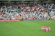 20 July 2008; A general view of the Armagh team during the National Anthem. GAA Football Ulster Senior Championship Final, Armagh v Fermanagh, St Tighearnach's Park, Clones, Co. Monaghan. Picture credit: Brian Lawless / SPORTSFILE