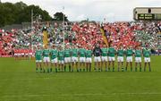 20 July 2008; The Armagh and  Fermanagh teams stand for the National Anthem. GAA Football Ulster Senior Championship Final, Armagh v Fermanagh, St Tighearnach's Park, Clones, Co. Monaghan. Picture credit: Oliver McVeigh / SPORTSFILE