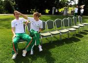 21 July 2008; Derval O'Rourke and Paul Hession await the arrival of their team-mates at a photocall in advance of the announcement of the Athletics Ireland Track and Field team for the 2008 Olympic Games in Beijing. Crowne Plaza Hotel, Santry, Co. Dublin. Picture credit: Ray McManus / SPORTSFILE