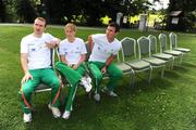 21 July 2008; Derval O'Rourke, Paul Hession, left, and Jamie Costin await the arrival of their team-mates at a photocall in advance of the announcement of the Athletics Ireland Track and Field team for the 2008 Olympic Games in Beijing. Crowne Plaza Hotel, Santry, Co. Dublin. Picture credit: Ray McManus / SPORTSFILE