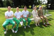 21 July 2008; Paul Hession, left, Derval O'Rourke and Jamie Costin await the arrival of their team-mates along with Athletics Ireland President Liam Hennessy, right, and Athletics Ireland CEO Mary Coughlan at a photocall in advance of the announcement of the Athletics Ireland Track and Field team for the 2008 Olympic Games in Beijing. Crowne Plaza Hotel, Santry, Co. Dublin. Picture credit: Ray McManus / SPORTSFILE