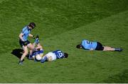 31 May 2015; Pauric Gill, left, and Ross McNerney, Longford, lie on the ground after clashing heads near the end of the game. McNerney subsequently left the field on a stretcher. Leinster GAA Football Senior Championship, Quarter-Final, Dublin v Longford, Croke Park, Dublin. Picture credit: Dáire Brennan / SPORTSFILE