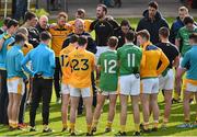 31 May 2015; Antrim manager Frank Fitzsimons speaks with his players following their defeat. Ulster GAA Football Senior Championship, Quarter-Final, Fermanagh v Antrim, Brewster Park, Enniskillen, Co. Fermanagh. Picture credit: Ramsey Cardy / SPORTSFILE