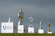 28 May 2015; Golf trophies on display on the 10th tee box, from left, Race to Dubai trophy, the USPGA trophy, the Irish Open trophy, The British Open trophy and the Ryder Cup. Dubai Duty Free Irish Open Golf Championship 2015, Day 1. Royal County Down Golf Club, Co. Down. Picture credit: Brendan Moran / SPORTSFILE