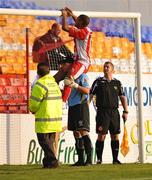 25 July 2008; Mauro Almeida, Sligo Rovers, fixes the net on the shoulders of team-mate Richard Brush before the start of the game. eircom league Premier Division, Shamrock Rovers v Sligo Rovers, Tolka Park, Dublin. Photo by Sportsfile