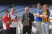 28 July 2008; GAA President-elect Christy Cooney holds the GAA All-Ireland U21 Hurling Championship trophy alongside, from left, Mark Craig, Derry, James Skehill, Galway, Pa Burke, Tipperary, and Richie Hogan, Kilkenny at the announcement by the GAA that Bord Gais is to sponsor the GAA All-Ireland U21 Hurling Championship. Croke Park, Dublin. Picture credit: Pat Murphy / SPORTSFILE