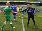 4 June 2015; Northern Ireland manager Michael O'Neill shakes hands with Paul McShane, Republic of Ireland, at the end of the game. Training Match, Republic of Ireland v Northern Ireland. Aviva Stadium, Lansdowne Road, Dublin. Picture credit: David Maher / SPORTSFILE