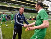 4 June 2015; Northern Ireland manager Michael O'Neill shakes hands with John O'Shea, Republic of Ireland, at the end of the game. Training Match, Republic of Ireland v Northern Ireland. Aviva Stadium, Lansdowne Road, Dublin. Picture credit: David Maher / SPORTSFILE