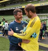 4 June 2015; Roy Keane, Republic of Ireland  assistant manager chats with Northern Ireland goalkeeper Roy Carroll at the end of the game. Training Match, Republic of Ireland v Northern Ireland. Aviva Stadium, Lansdowne Road, Dublin. Picture credit: David Maher / SPORTSFILE