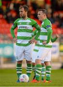 19 May 2015; Sean O'Connor and Gary McCabe, Shamrock Rovers, standing over a free kick. EA Sports Cup Quarter-Final, Derry City v Shamrock Rovers, The Brandywell, Derry. Picture credit: Oliver McVeigh / SPORTSFILE