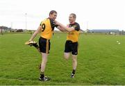 25 May 2015; Former Derry player Enda Muldoon, left, and former Tyrone player Kevin Hughes, both on the Ulster team, warm up before the game. GAA Open Charity Football match to raise funds for the Cancer Fund for Children at Daisy’s Lodge in Newcastle, the setting for the Dubai Duty Free Irish Open Golf at the Royal County Down course. The GAA Open is a partnership event between the GAA at club, county, provincial and national level, the Newry, Mourne and Down District Council and the Dubai Duty Free Irish Open. St Patrick's Park, Newcastle, Co. Down. Picture credit: Oliver McVeigh / SPORTSFILE