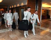 29 July 2008; The Ireland Olympic Three Day Eventing Team of, from left, Louise Lyons, Patricia Ryan, Captain Geoff Curran, Niall Griffin and Austin O'Connor depart the team hotel to Hong Hong. Hilton Hotel, Dublin Airport, Malahide Road, Dublin. Picture credit: Pat Murphy / SPORTSFILE