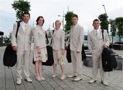 29 July 2008; The Ireland Olympic Three Day Eventing Team of, from left, Captain Geoff Curran, Patricia Ryan, Louise Lyons, Niall Griffin, and Austin O'Connor at the team hotel before their departure to Hong Kong. Hilton Hotel, Dublin Airport, Malahide Road, Dublin. Picture credit: Pat Murphy / SPORTSFILE